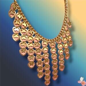 Vintage Hong Kong Heart Fringe Bib Necklace | Open Heart  Gold-Tone 37